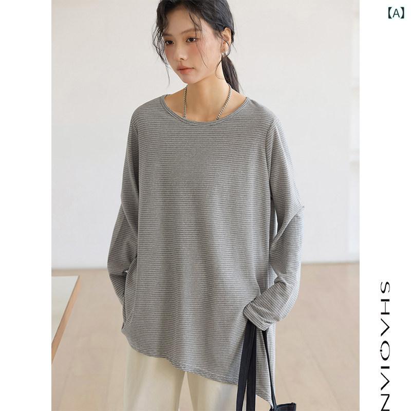 レディース トップス ミディ丈 ゆったり 2025 春 黒と 白の ストライプ Tシャツ レディース 長袖 ゆったり 不規則 ミディアム 丈 ベース シャツ スプリット トップ