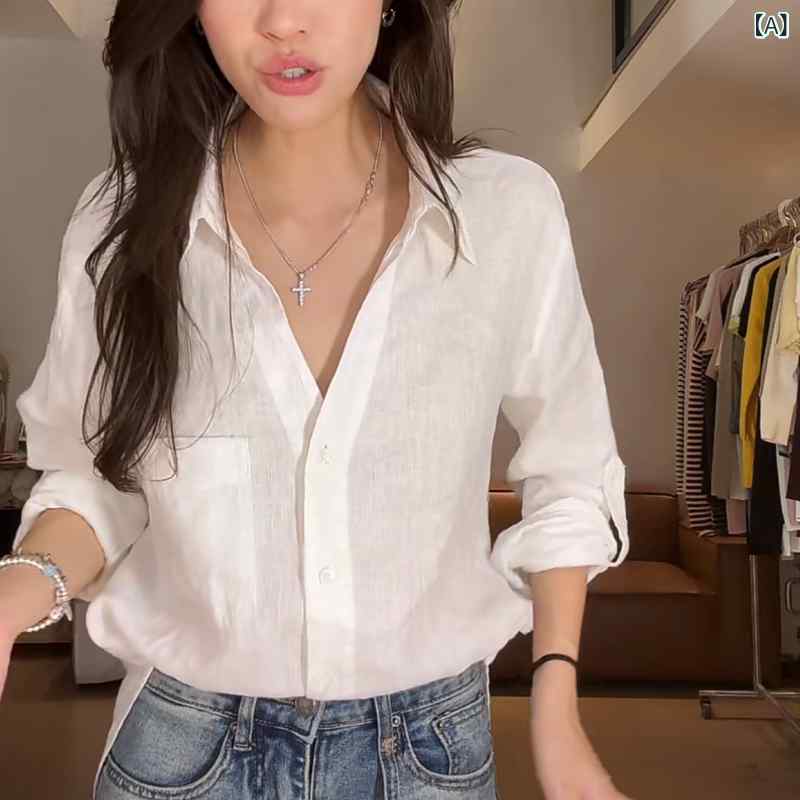 レディース トップス ミディ丈 ゆったり 韓国 婦人服の 丁寧な リネンシャツ レディース センス Vネック サイドスリット 日焼け防止 長袖 シャツ