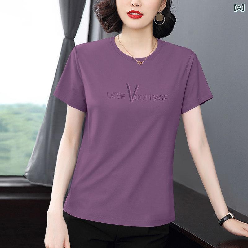 Tシャツ レディース 半袖 2025夏の新 スタイル 中年 ママが お腹を 隠して 痩せて 見える 綿 半袖 Tシャツ