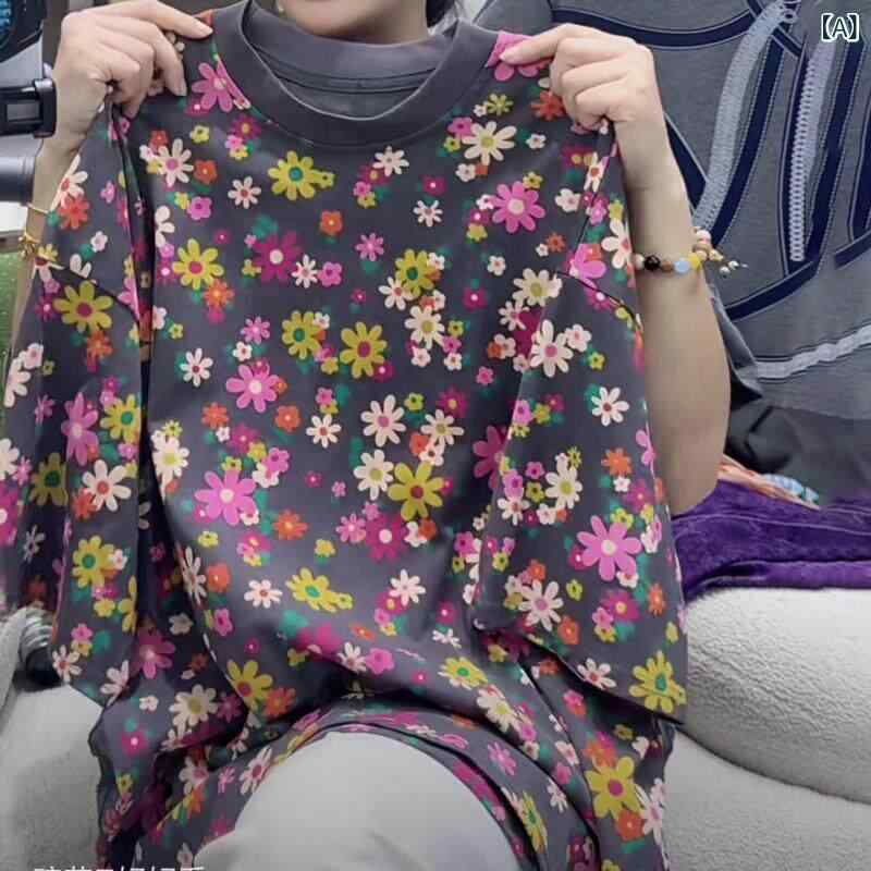 Tシャツ レディース 半袖 2025夏 レディース カラフル フローラル ファッション ゆったり 半袖 Tシャツ カジュアル ラウンドネックプルオーバー トップス
