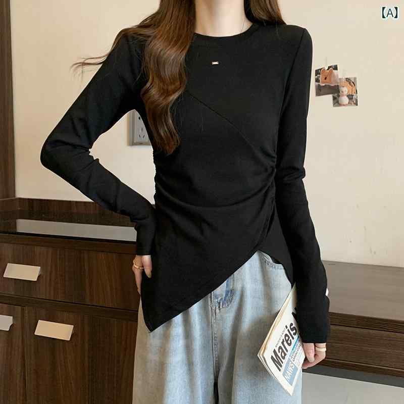 レディース トップス ミディ丈 ゆったり 大きいサイズレディース 春秋 不規則 スリット ストレート ショルダー 長袖 Tシャツ 太め mm ウエスト カバー お腹 痩せ シャツ トップス