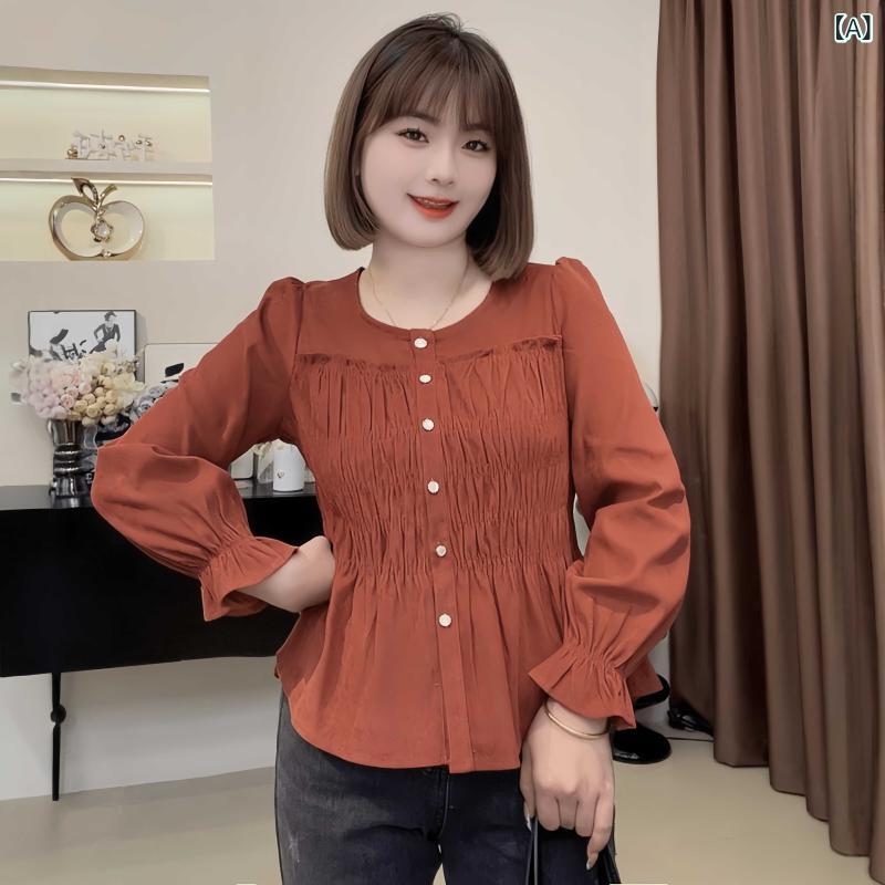 トップス シャツ フリル リボン 韓国 シャツワンピ トップス シャツ フリル リボン 韓国 シャツワンピ 大きいサイズ フランス のの プリーツ ラウンドネック 長袖 シャツ 秋 女性用 やや 太めの mm ウエストを 細くする ユニークで 精巧 ト
