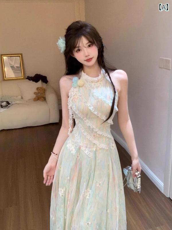 レディース ワンピース かわいい フレンチ スイート グリーンの ノースリーブ 不規則な レースホルターネック フラワー ドレス 女性 夏の 雰囲気の ロング