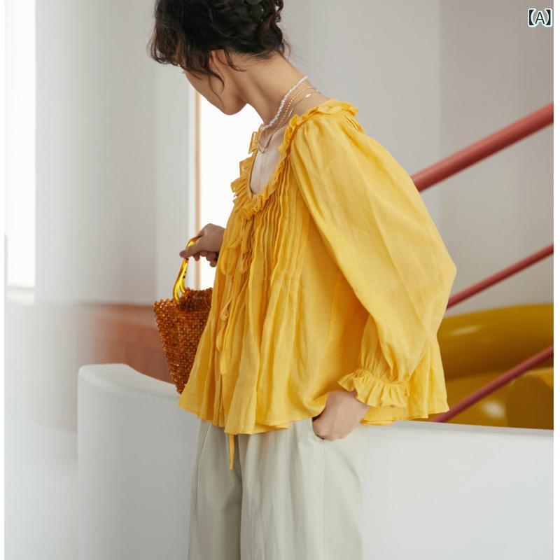 シャツ フリル レース パフスリーブ 細見え 袖 VIMIE 春夏 シャツ フレンチ レトロ ラミー レディース ランタン スリーブ 無地 プルオーバー トップ