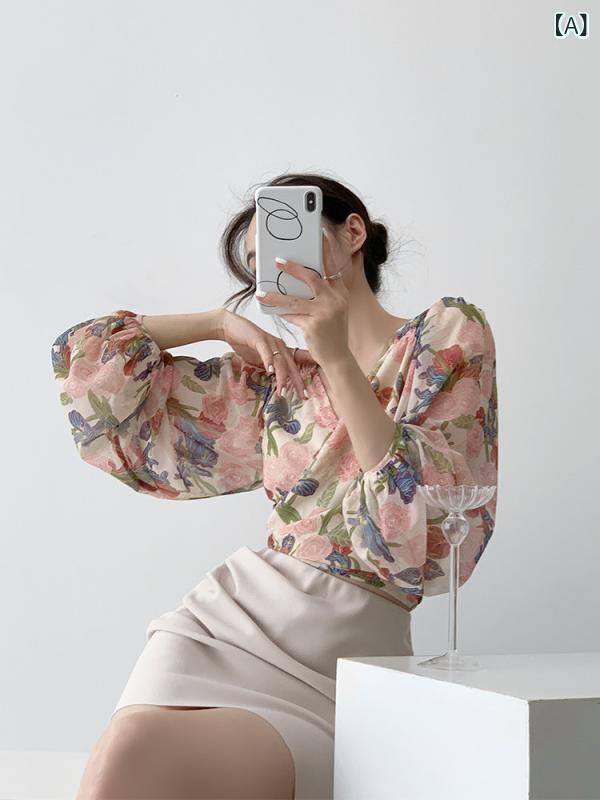 シャツ フリル レース パフスリーブ 細見え 袖 WTT Mrs Wan フレンチ シフォンプリント ランタン スリーブ トップス レディース クロス ストラップ ウエスト Vネック ショート フローラル ブラウス