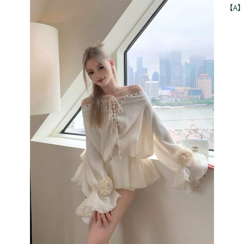 シャツ フリル レース パフスリーブ 細見え 袖 EUSKY IIWAN スタッズ ストラップ ワンショルダー シャツ レディース 夏 フリル ランタン フラワー スリーブ トップ
