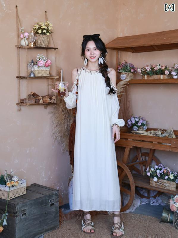 ワンピース 半袖 ロングワンピース スウィート エイティーン ボヘミアン スイート オフショルダー ドレス スーパー フェアリー サマー トラベル バケーション ウェア エスニック ロング スカート 女性