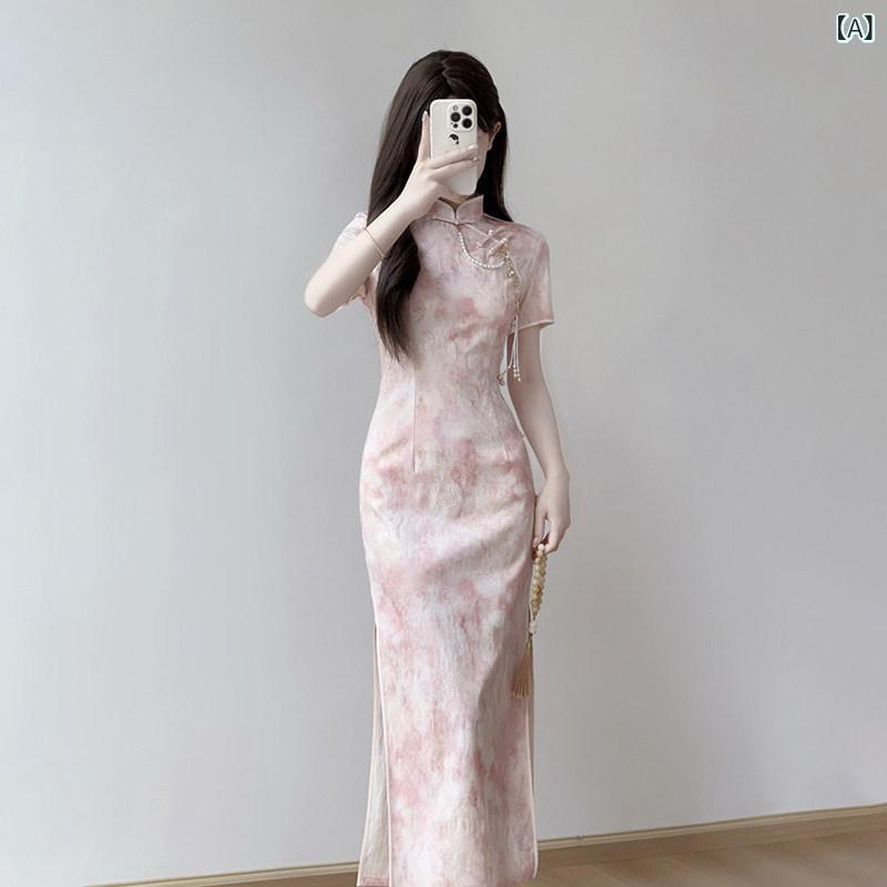 ドレスワンピース ロングスカート ドレス ティン ユエ リン チャイナ ドレス 2025 毎日 中国 夏 ピンク スリムフィット ガール ヤング スタイル