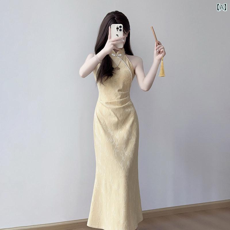 お召しもの衣裳 ロングスコート お召しもの ティン ユエ リン 瀬戸もの お召しもの 2025 ハイエンドな 佇まいの ハイエンド 民族 風 ホルターネック 瀬戸もの風 御嬢さん 夏 レディースファッション-ドレス