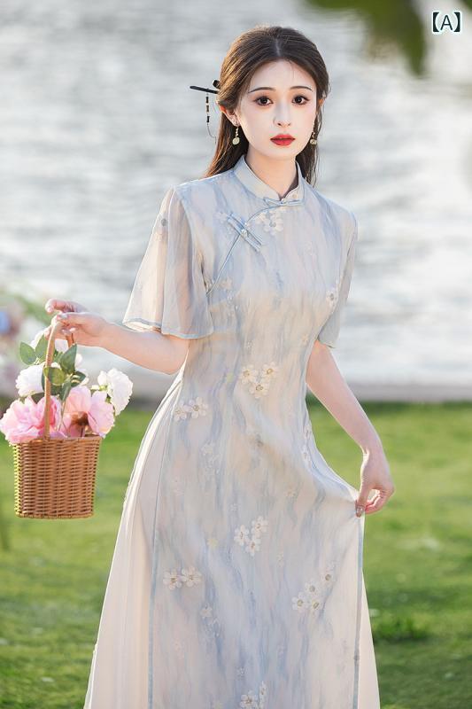 お召しもの衣裳 ロングスコート お召しもの 爽 やかで 雅びやかな アオザイ 瀬戸もの お召しもの 2025夏の ともし火 青色  若押し出し お上さん向け レディースファッション-ドレス
