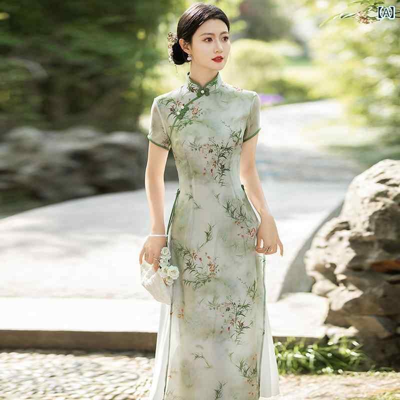 ドレスワンピース ロングスカート ドレス グリーンの 中国 チャイナ ドレス ロング 夏の レディース 毎日の レトロ 若見え の アオザイ