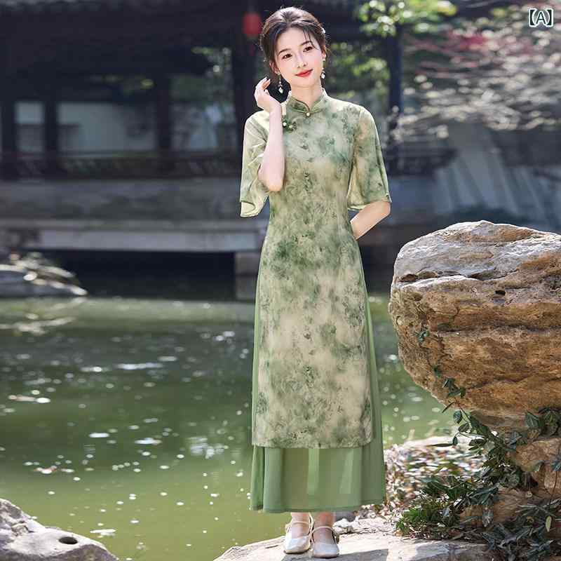 ドレスワンピース ロングスカート ドレス グリーンの チャイナ ドレス 中国 レトロ プリント 中 袖 アオザイの レディース ドレスの 2025夏の 毎日