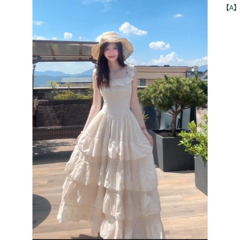 ワンピース 春 きれいめ 七分袖 半袖 細見え 華奢見え 痩せ見えレディース 夏 フレンチ 小さい フライング スリーブ サスペンダー ドレス レディース 夏 海辺の 休日 誕生日 プリンセス ふわふわ ケーキ ロング スカート
