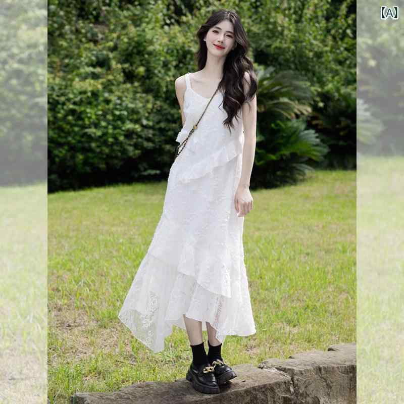 ワンピース 春 きれいめ 七分袖 半袖 細見え 華奢見え 痩せ見えレディース 夏 ホワイト 不規則な フリルレース 刺繍 ドレス 女性 夏 フランス Vネックノースリーブ サスペンダー スカート｜ホープ