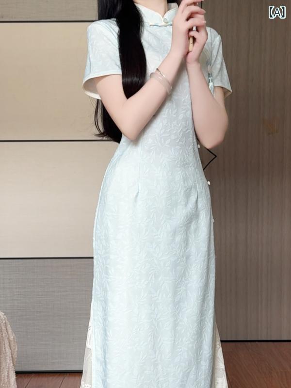 ドレスワンピース ロングスカート ドレス 抹 茶 餅 2025夏の ブルー 民族 風 チャイナ ドレス エレガント ガール 半袖 チャイナ風 日常 着