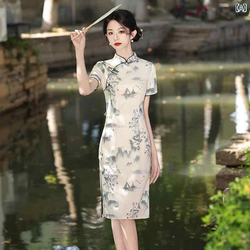 衣装 半袖 ロング衣装 墨と 水彩画の 瀬戸もの風  瀬戸もの お召しもの 年 若押し出し 御姉さん レトロ か細い 半袖 夏 並み並み ロング 表現スタイル