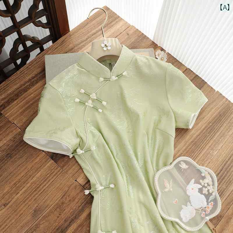 ワンピース 半袖 ロングワンピース かわいい 女の子 魚の 緑の 魅惑的 レディース スタイルは チャイナ風 半袖 チャイナ ドレス 女性 2025 春夏 日常 着を しました