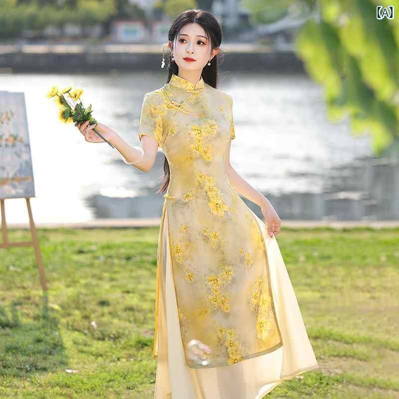 ワンピース 半袖 ロングワンピース 黄色の アオザイ チャイナ ドレス 2024 夏の 若見え ハイエンドの 女の子は 毎日 さわやかに 着る ことが できます
