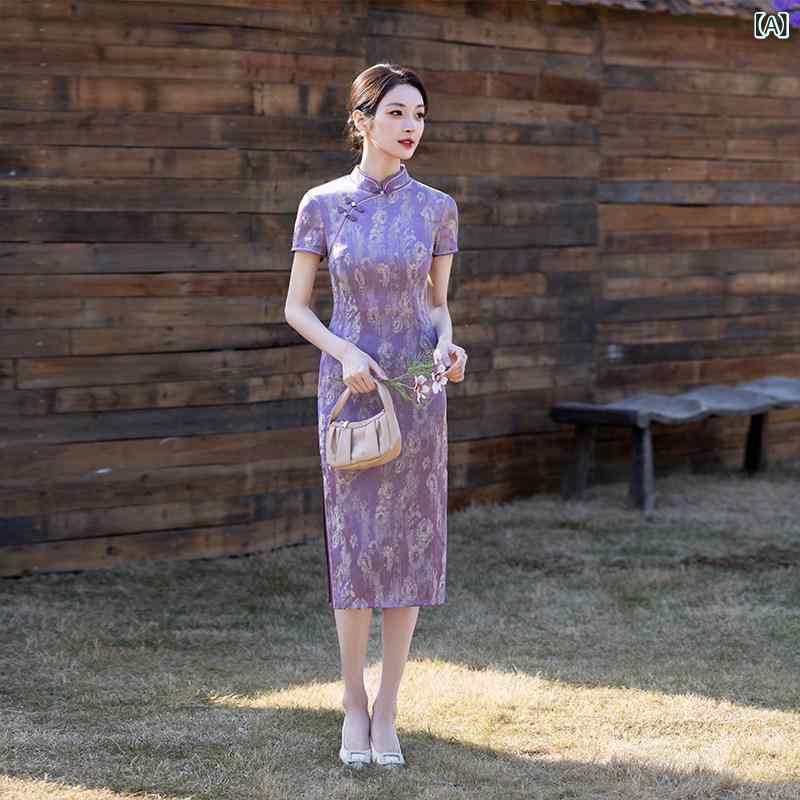 ワンピース 半袖 ロングワンピース 高級で 上品な 紫色の チャイナ ドレス 春夏の 女性 ママ 高級 ロング デイリー 若 見え｜ホープ