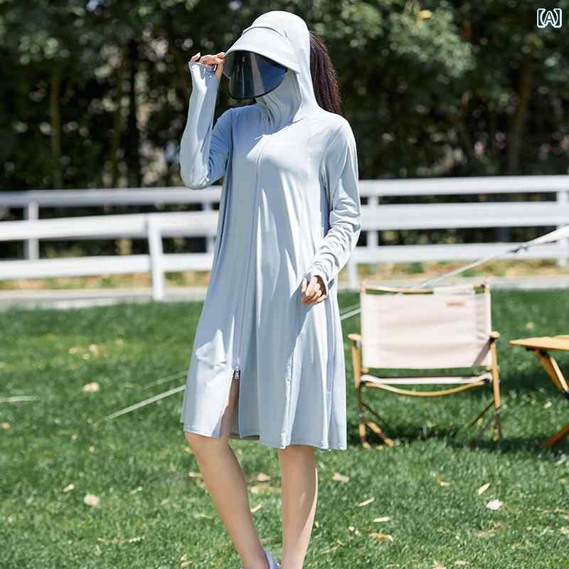 日焼け防止 パーカー レディース 女性用 ミドル丈の 冷感 日焼け防止 服 夏の カーディガン 薄型で 通気性の ある 2024年の 抗 UV
