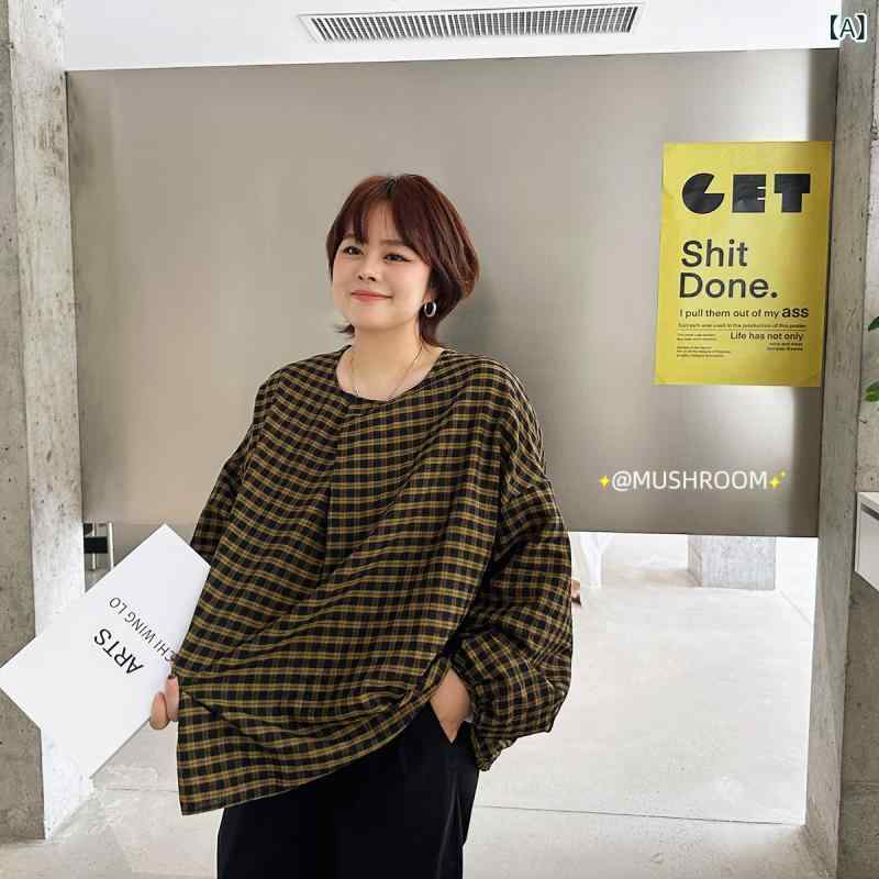 Aライン ギンガムチェック タータンチェック シャツ スカート 韓国 ミス マッシュルーム ヘッド 2025 春 韓国 レトロ ゆったり 胸元 プリーツ チェック 柄 プルオーバー 長袖 シャツ レディース