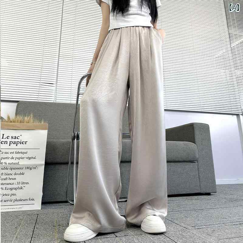 パンツ レディース ワイドパンツ ミルクティー カラーの チャイナ風 サテン ワイド レッグ パンツ 女性用 背の 高さ 長めの カジュアル ハイウエスト ドレープ ロング モップ