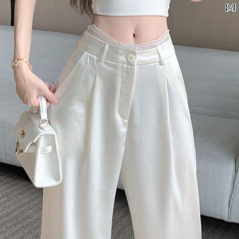 パンツ レディース ワイドパンツ アセテート サテン ワイド レッグ パンツ レディース 夏 薄手 ファッション レース ステッチ ハイウエスト カジュアル ドレープ モ ッピング ストレート