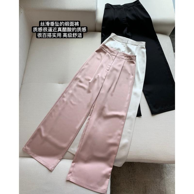 パンツ レディース ワイドパンツ スリッパリー パンツ イミテーション アセテートの ドレープ テクスチャーの ゆったり ワイド レッグ ストレート カジュアル サテン ズボン