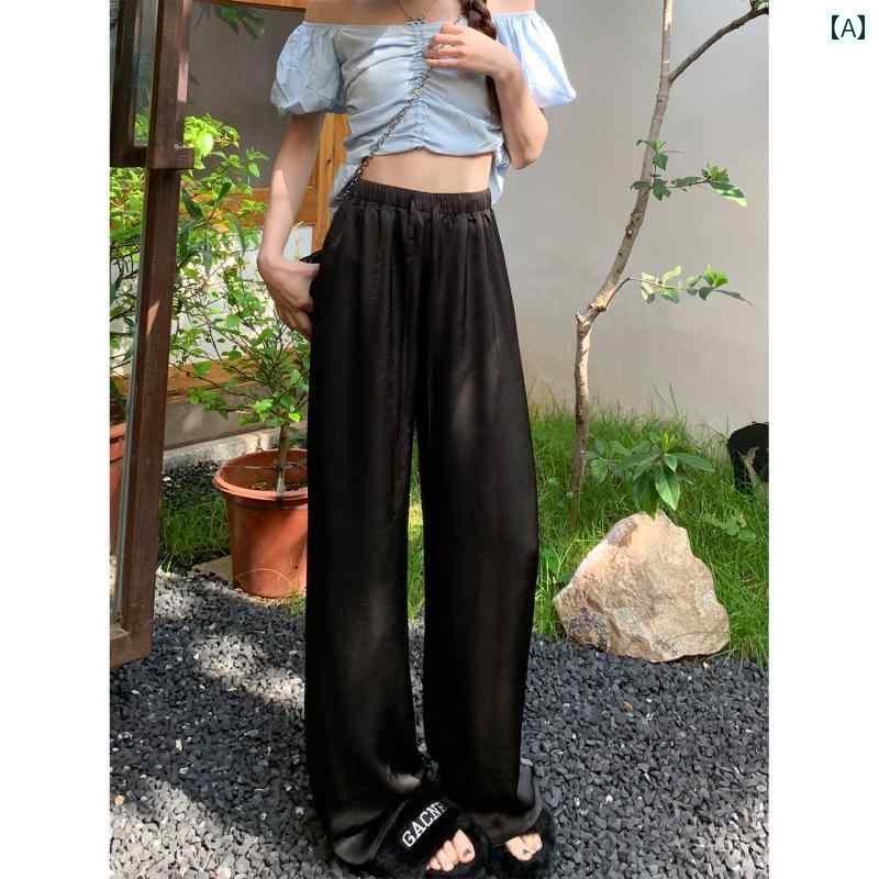 パンツ レディース ワイドパンツ ブラック 冷感 ワイド レッグ パンツ レディース アセテート ハイウエスト 春夏 薄手 日焼け防止 クール 新型 チャイナ風 サテン スポーツ