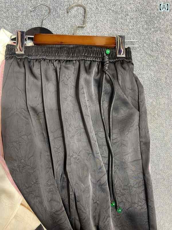 パンツ レディース ワイドパンツ 春秋 レディース チャイナ風 サテン ジャカード ワイド レッグ パンツ ハイエンド ゆったり ドレープ 黒の カジュアル