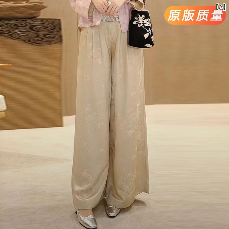 パンツ レディース ワイドパンツ チャイナ風 ズボン 桑の 絹の ジャカードの ストレート パンツ カジュアル レディース 夏の アセテート サテンの ワイド レッグ
