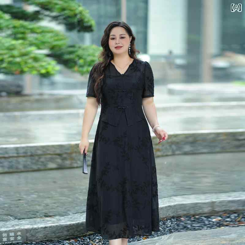 レディース トップス ワンピース Xiamuna 大きめ サイズ レディース 服の 夏の スタイル 少し 太い mm 年齢を 減らす ウエスト フェイク ツーピース レトロ チャイナ風 ドレス