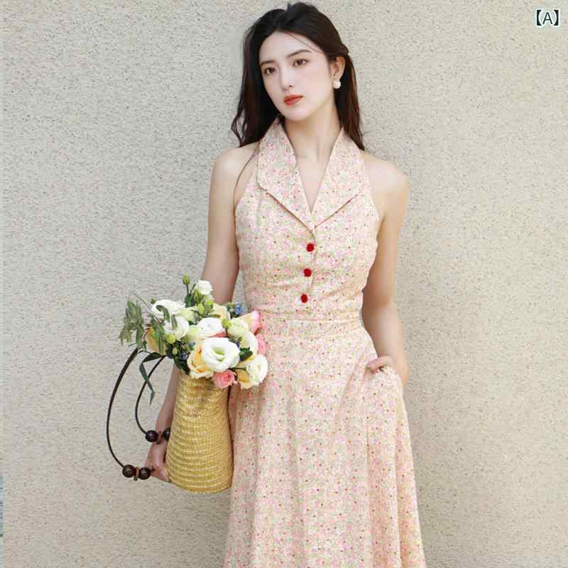 レディース トップス ワンピース 夏の レトロ Vネック シャツ ドレス 花柄 ウエスト スリム ノースリーブ スカート フランスの 女性