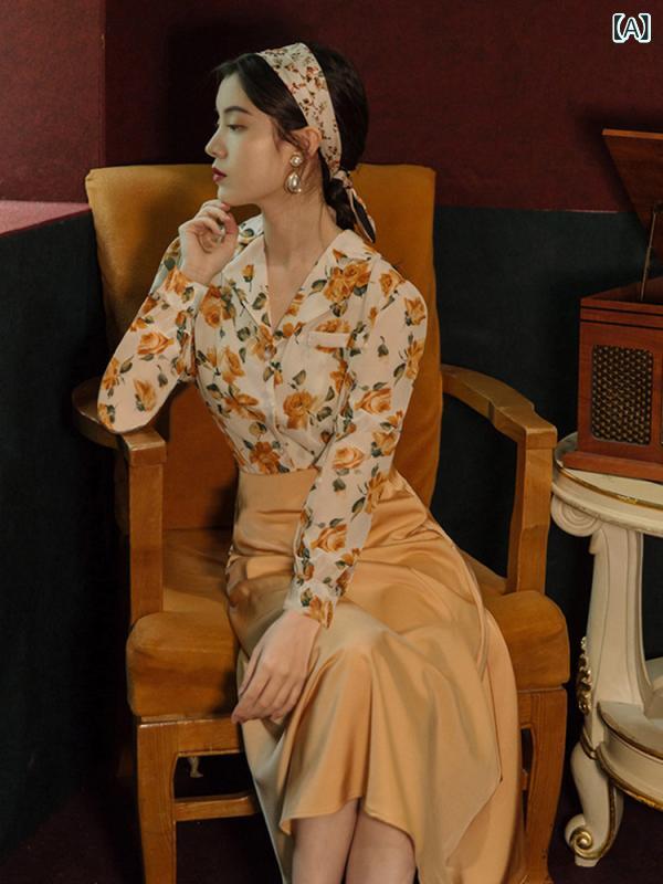 レディース トップス ワンピース 風 レトロ 衣装 スカート 一式 80年代 婦人服 花柄 シャツ シックで ハイエンドな 春 90