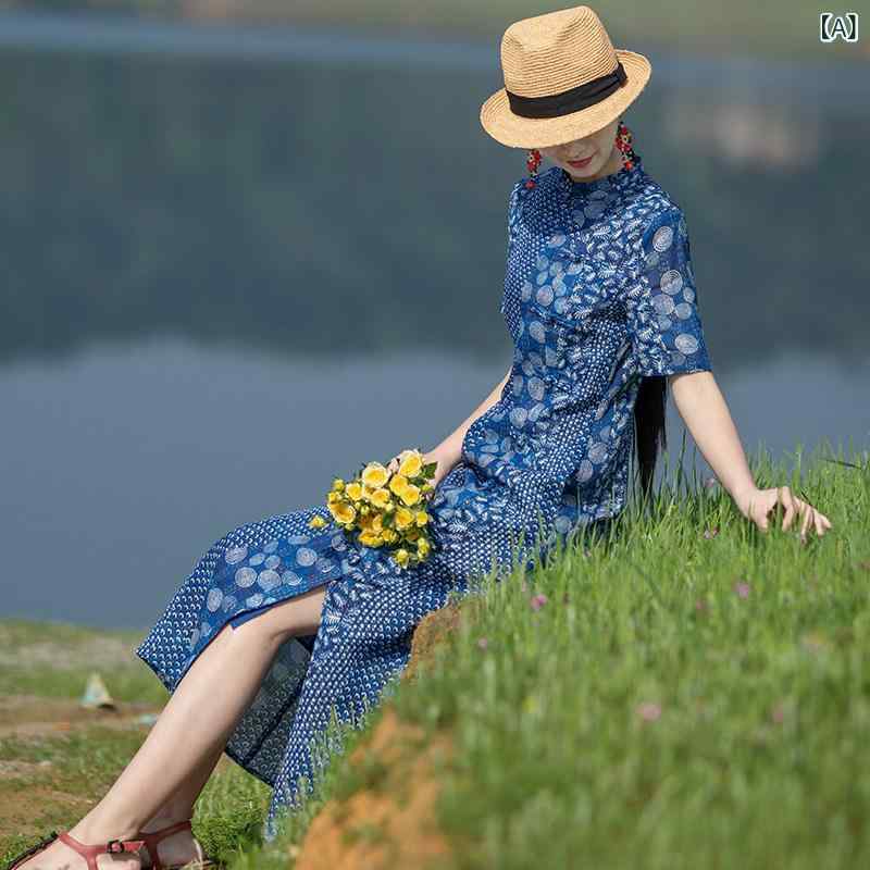 レディース かわいい 英 瑞 玉 民族 風 デジタル プリント ワンピース 文芸 復古 婦人服 スリム ロング スカート チャイナ ドレス
