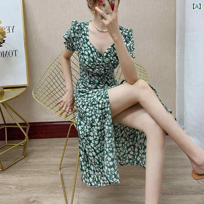 レディース かわいい フランスの レトロ 緑の 花柄 ワンピース 2025夏の 婦人服 ウエスト ティーブレイク シフォン ロング スカート スリット