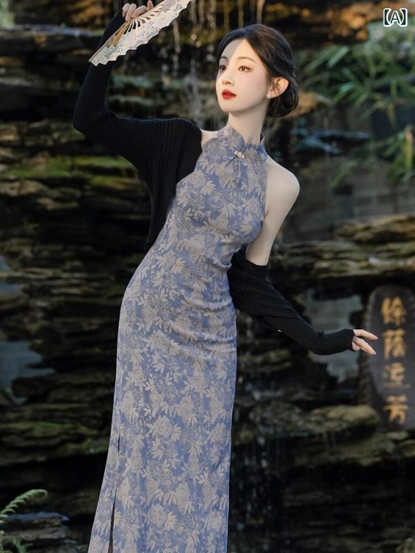 レディース トップス オシャレ 中国 女性 服 2025 ノースリーブ チャイナ ドレス 若見え スタイル 民族 スリム ホルターネック｜ホープ