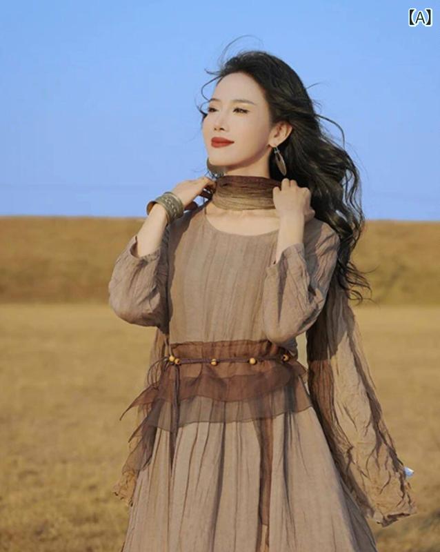 レディース トップス オシャレ ブラウンの レトロ ラミー ドレス 女性用 2025夏の ファッション 軽い ハイエンド 高級 ウエスタン スカート 11,851円