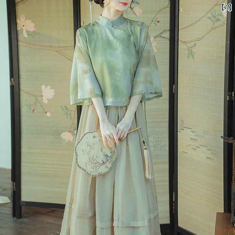 レディース トップス かわいい 中国 禅 ティー ドレス チャイナ ツーピース スーツ 夏用 漢服 中華 風 ハイウエスト スリム スカート 女性用
