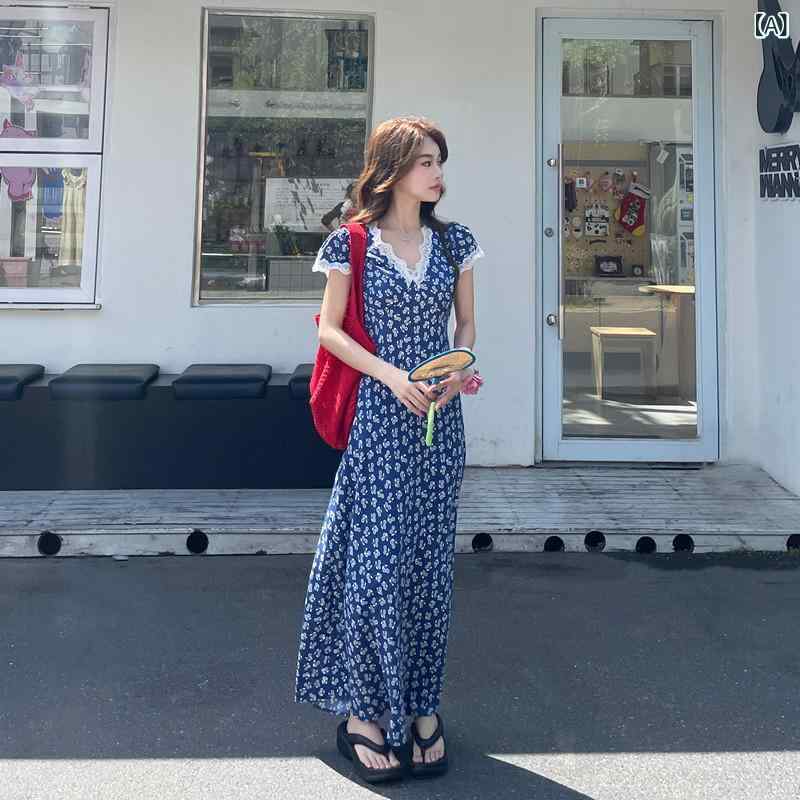 レディース トップス 愛くるしい 青色の 愛くるしい レトロ 花柄 V首っ玉 衣裳 お上さん 夏の 韓国 酉の方角 か細い ロング スコート