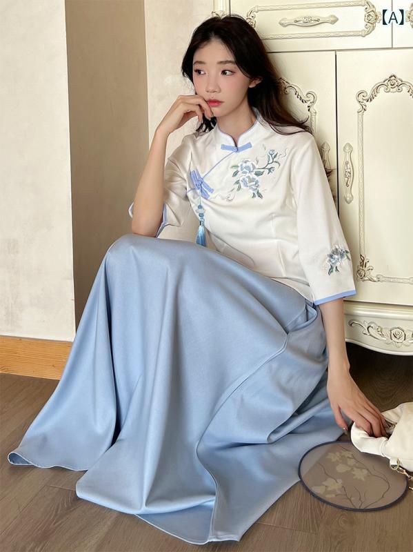レディース トップス かわいい 春夏 チャイナ風 レディース 服の 民族 風の ドレスは 漢服の レトロ 唐装 トップ 茶 芸術の ツーピースの スーツを しました