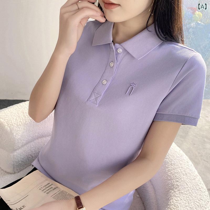 レディース トップス かわいい 夏用 半袖 Tシャツ 襟 付き レディース 綿 明るい 色 万能 スポーツ カジュアル ポロシャツ