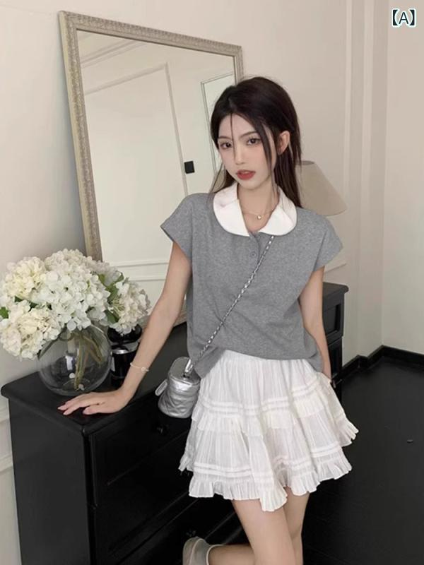 レディース トップス かわいい 夏の 女性用 グレーの 半袖 Tシャツ シックで 美しい の ポロシャツ センスの ある トップスと ショート スカート 完全な セット