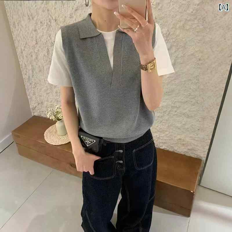 レディース トップス かわいい 夏 薄手 Vネック レディース フェイク ツーピース ニット 半袖 Tシャツ 女性 2025 ハイエンド ポロシャツ トップス