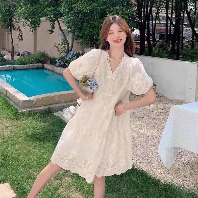 ワンピース ロングワンピ シフォンワンピ パフスリーブ フレアワンピース 春夏 半袖 長袖 白い チャイナ風 の ドレス 女性 夏 小さい 刺繍 重厚 ハイエンド スカート｜ホープ