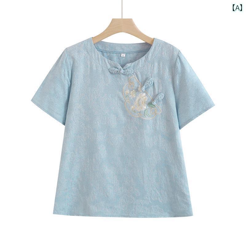 シニアファッション レディース トップス お母さんの 夏の 綿 麻 スーツ ファッション 女性 半袖 シャツ Tシャツおばあちゃんの 夏服 高齢者向け