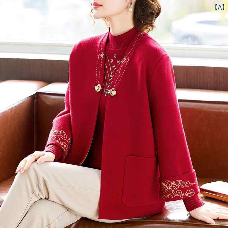 シニアファッション レディース トップス 母の 春服 ニット セーター ジャケット 幸せな 義母の ウェディングパーティー アウターウェア 中年と 高齢者の レディース 裏起毛の 厚手 ツーピース セット