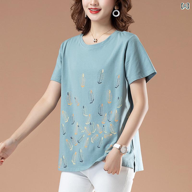 シニアファッション レディース トップス 高齢者 スウェットシャツ 大きめ サイズレディース コットン 半袖 Tシャツ 中年と 高齢の 母親の 夏服 ゆったり お腹 カバー トップス