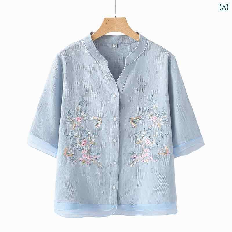 シニアファッション レディース トップス ママ 夏の スーツ レディース 服で スタイリッシュな 綿 麻の 刺繍 ブラウス トップおばあちゃんの 夏服