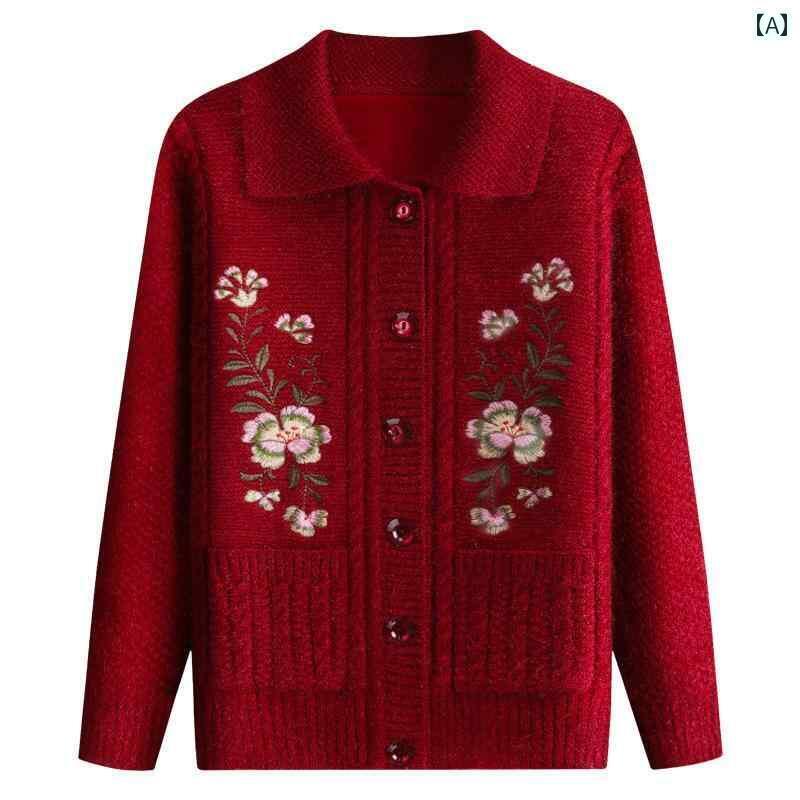 レディース トップス シンプル 女性用 春秋 セーター おばあちゃんの ニットカーディガン お母さんの 刺繍入り 高級 コート 高齢者 服 大きいサイズ